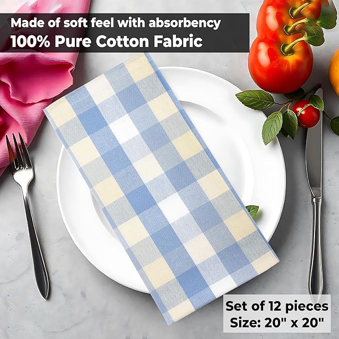 Urban Villa Cloth Napkins Set of 12 20x20 Inches 100% Cotton Napkins Cloth Washable Soft Durable Reusable Absorbent Table Dinner Napkins Cloth for Hotel Lunch Restaurant Weddings Parties- Blue Sand