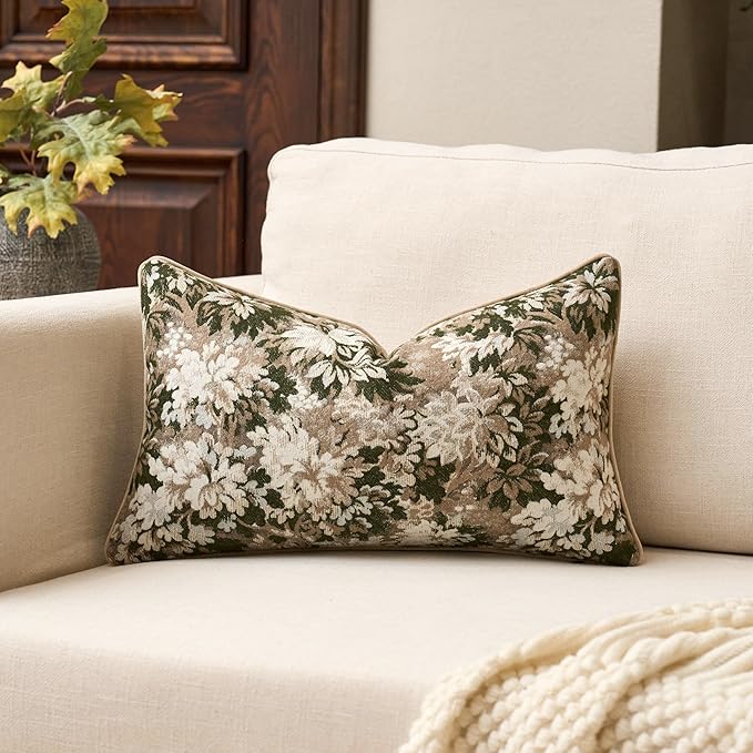Yangest Neutral Floral Pillow Cover 12 x 20 Inches, Vintage Chenille Rectangle Throw Pillow Cover Soft Decorative Farmhouse Accent Couch Pillow Cover for Living Room Bedroom, Green