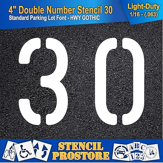 Pavement, Curb, and WheelStop Stencils - 4 inch Double Number Stencil - (30) - 4" x 5.5" x 1/16" (63 mil) - Light-Duty
