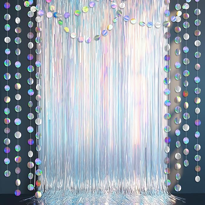 Cheerland Iridescent Tinsel Backdrop Curtain Circle Garland Holographic Party Decorations Disco Birthday Wedding Graduation Christmas New Year EID Ramadan Frozen Theme Party Streamer Decor