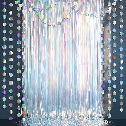 Cheerland Iridescent Tinsel Backdrop Curtain Circle Garland Holographic Party Decorations Disco Birthday Wedding Graduation Christmas New Year EID Ramadan Frozen Theme Party Streamer Decor