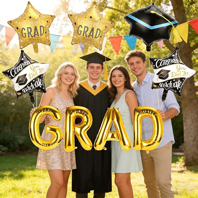 Graduation Balloons - Gold Letter Grad Balloons Graduation Cap Balloon Grad Cap Balloon Graduations Foil Balloons Class for 2026 Graduation Party Decorations