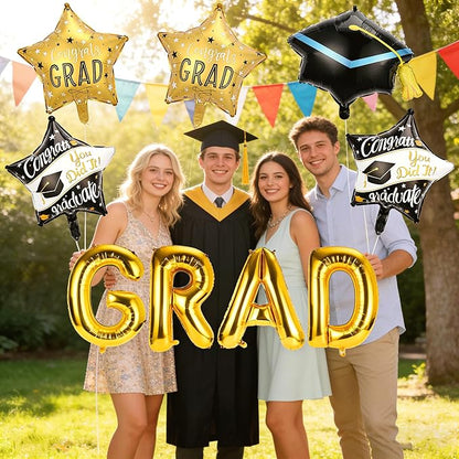 Graduation Balloons - Gold Letter Grad Balloons Graduation Cap Balloon Grad Cap Balloon Graduations Foil Balloons Class for 2026 Graduation Party Decorations