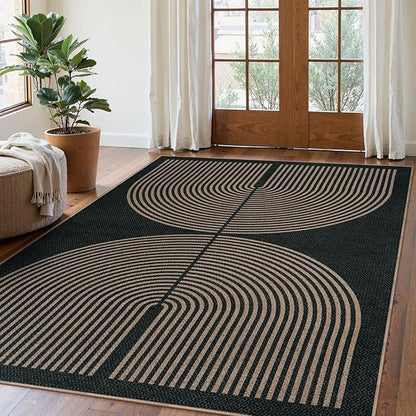 Lahome Modern Rainbow Easy Jute Carpet, Washable 5x7 Area Rugs for Living Room Patio Black Farmhouse Indoor Outdoor Rugs, Contemporary Natural Non Slip Floor Carpet for Office RV Backyard
