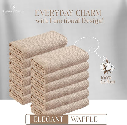 Beige Kitchen Dish Towels Set of 4-100% Cotton Waffle Weave, Super Absorbent, Soft, Quick Drying, 16x26 Inches, Ideal for Cleaning, Bar, Tea, and Everyday Use, Tan