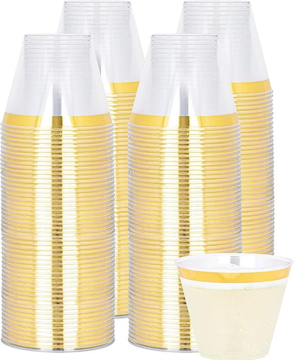 PLASTICPRO 9 oz Disposable Plastic Party Cups,Old fashioned Designed Tumblers, With gold Rim 200 Count, Crystal Clear