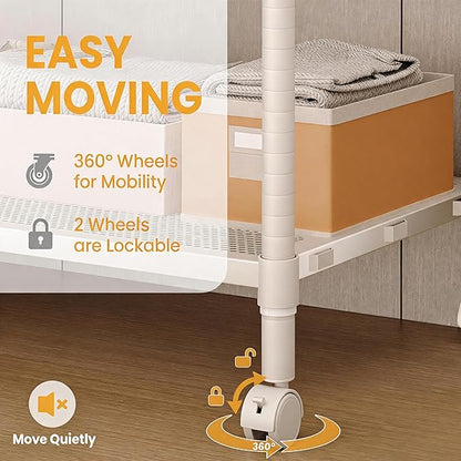 Rolling Clothes Rack, 3-Tier Adjustable Garment Rack with Hanging Rod and Side Hooks, Freestanding Clothing Rack with Wheels, Portable Clothes Rack for Bedroom, Laundry Room and Closet, White