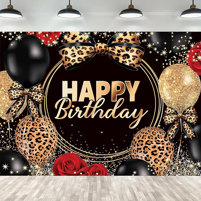 Homewelle Leopard Print Bow Happy Birthday Backdrop 7Wx5H Feet Polyester Fabric Black Gold Red Rose Cheetah Print Bownot Decoration Cool Balloon for Women Girl Photography Background Photo Shoot Props