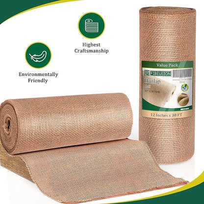 Burlap Table Runners 12 Inches x 30 FT - No-Fray Finished Edge Premium Natural Table Runner Burlap Roll – No Odor, Eco-Friendly Tablecloth Roll for Rustic Table Decor and Other DIY Crafts