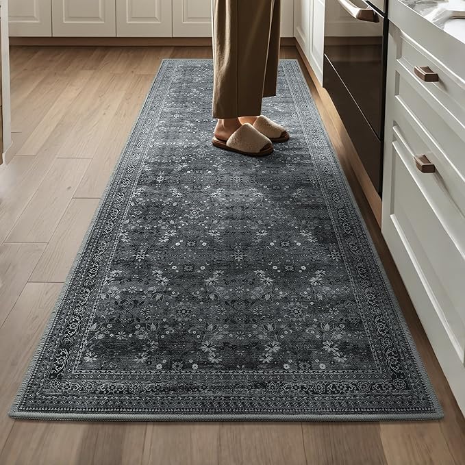 2x6 Washable Kitchen Runner Rug for Hallways, Non Slip Laundry Runners for Bathroom, Low Pile Rubber Backed Rugs for Entryway, Vintage Floral Carpet for Living Room Bedroom Black/Gray