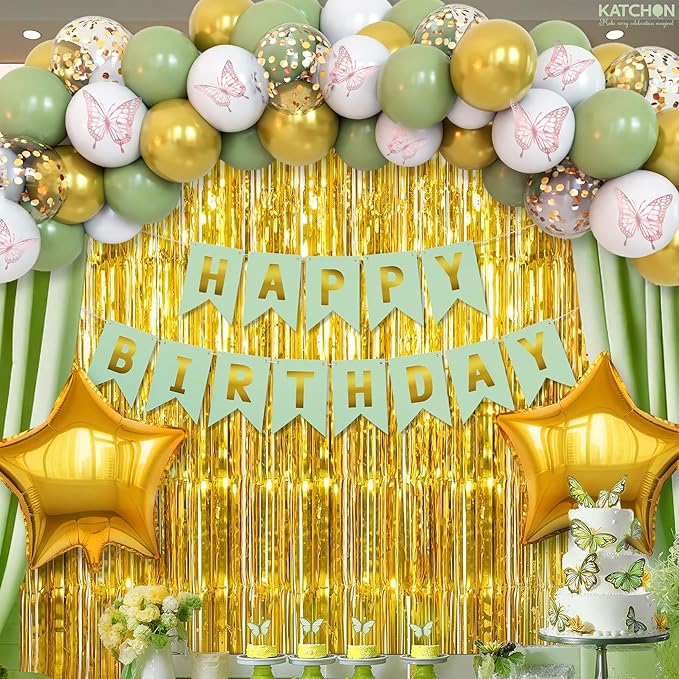 KatchOn, Sage Green Birthday Decorations - Pack of 51 | Happy Birthday Banner, Latex Balloons Arch Kit, Gold Fringe, Star Foil Balloons, Butterfly Theme Decor | Birthday Decorations for Women, Men