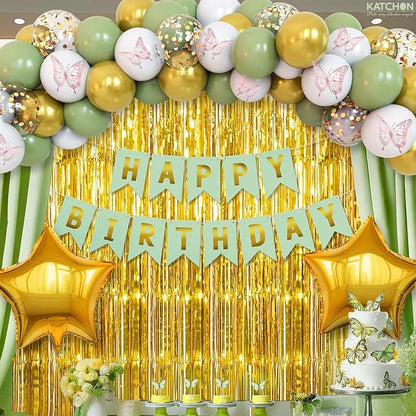 KatchOn, Sage Green Birthday Decorations - Pack of 51 | Happy Birthday Banner, Latex Balloons Arch Kit, Gold Fringe, Star Foil Balloons, Butterfly Theme Decor | Birthday Decorations for Women, Men