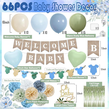 Blue Sage Green Baby Shower Decorations-Welcome Baby Boy Banner, Fringe Curtains, Paper Pompoms, Olive Green Dusty-blue Beige Cream Latex Balloon Décor For Boho Easter Jungle Baby Shower Blue Party