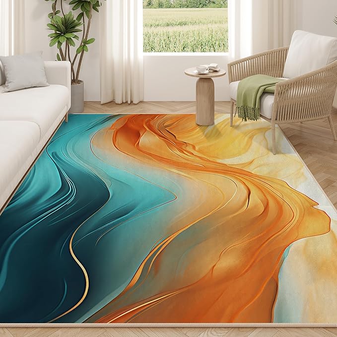 Orange Teal Area Rug for Living Room 5'x7', Turquoise Marble Decorative Washable Rug Non Slip Indoor Dining Floor Carpet for Bedroom Office, Teal Gold Living Room Decor