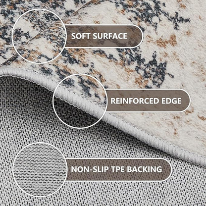 6ft Washable Round Rug - 6x6 Area Rugs Modern Abstract Rugs for Living Room Non-Slip Low Pile Soft Machine Washable Carpet for Bedroom, Living Room, Dining Room, Nursery, Farmhouse (6'x6' Tan Blue)