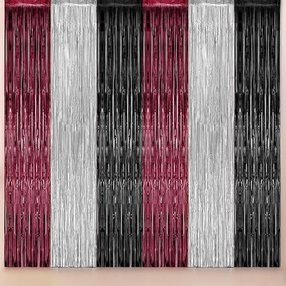 KatchOn, Burgundy Black and Silver Foil Fringe Curtains – Pack of 6 | Tinsel Backdrop for Bridal Shower, Bachelorette Party Decorations | Streamer Backdrop for Christmas, Halloween Decorations Indoor