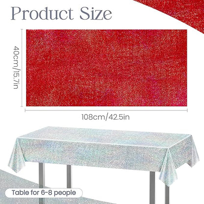 Red & Silver Carnival Laser Tablecloth 40" x 108" Shining Christmas Holiday Holographic Table Cloth Birthday Graduation Party Table Cover Plastic Foil Party Supplies For Anniversary Baby Shower