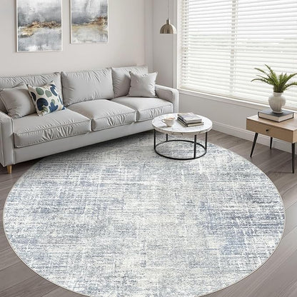 7ft Round Rug Living Room: 7x7 Washable Large Neutral Blue Circle Area Rug Abstract Soft Modern Stain Resistant Indoor Floor Non-Slip Carpet for Bedroom Nursery Kids Office Playroom Dining Room