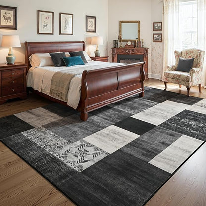 Tepook 5x7 Area Rugs for Living Room, Modern Large Geometric Rug for Bedroom, Washable Patchwork Rug Indoor Non Slip Throw Carpets for Dining Room Office Farmhouse Home Decor, Black and White
