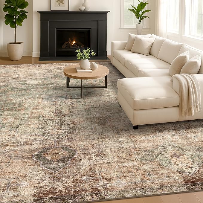 Hazo Haus Vintage Dark 6x9 Living Room Rug - Green and Brown Modern Abstract Rug for Dining Room Under Table, Bedroom, Washable Non Slip Soft Rust Taupe Faded Print Mat
