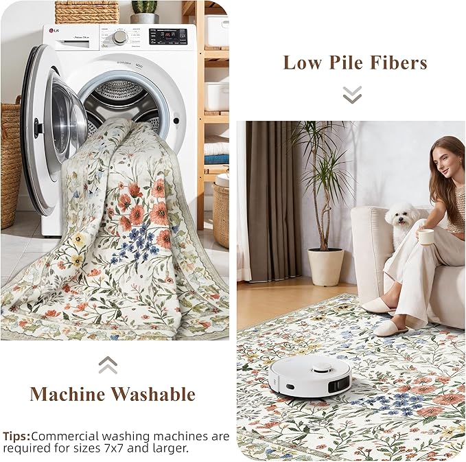 12x12 Square Area Rug Living Room: Boho Floral Washable Mat for Dining Room Bedroom Office High Traffic Area Soft Non Slip Low Pile Indoor Carpet for Vintage Farmhouse Home Decor (12ft Square, Beige)