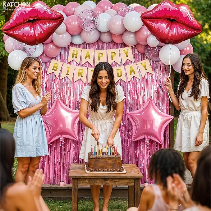 KatchOn, Pink Birthday Decorations Set – Pack of 42 | Happy Birthday Banner and Lip Decor For Happy Birthday Decorations Women, Girls, Her | Pink Party Decorations | Birthday Backdrop | Birthday Sign