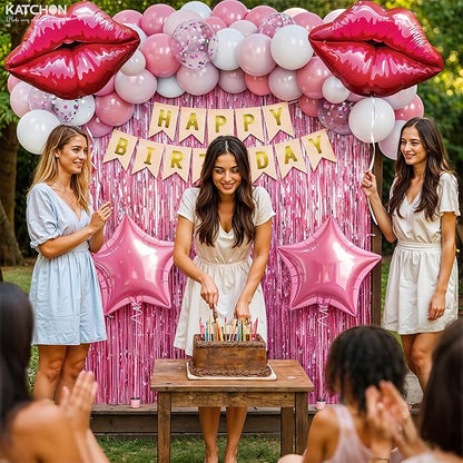 KatchOn, Pink Birthday Decorations Set – Pack of 42 | Happy Birthday Banner and Lip Decor For Happy Birthday Decorations Women, Girls, Her | Pink Party Decorations | Birthday Backdrop | Birthday Sign