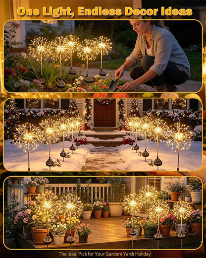 Solar Garden Lights Outdoor Yard Decorations, 8 Pack 150Leds Pathway Lights, Fairy Firework Stake Light for Garden, Patio, Pathway, Flowerbed Gold Color