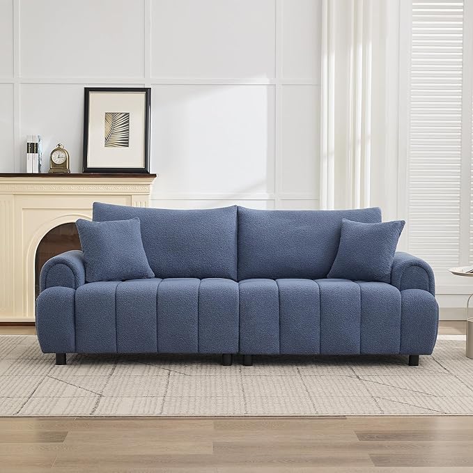 88 "Modern Boucle Sofa Couch, Oversized Comfy 3 Seater Sherpa Curved Sofas Deep Seat, Upholstered Loveseat Teddy Round Arm Couches for Living Room, Bedroom, Blue