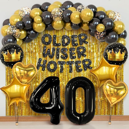 KatchOn, Happy Birthday Decorations Set - Pack of 50 | Older Wiser Hotter Banner, Latex Balloons Arch Kit, Gold Foil Fringe, Star, Round, Heart Foil Balloons | 40th Birthday Decorations for Women, Men