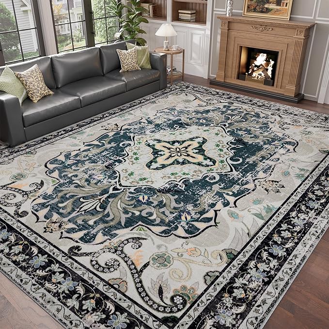 RUSHUFFY 6x9 Washable Area Rugs for Living Room, Non-Slip Boho Vintage Traditional Medallion Print Pattern Carpet for Bedroom Dining Room Farmhouse Nursery Room, Slate Blue & Beige