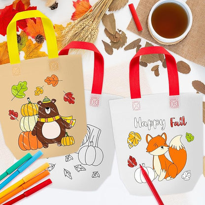 Fall Coloring Goodie Bags for Kids - 24Pcs Autumn Bulk Color Your Own Gift Bags with Handle Thanksgiving Reusable Coloring Bags Non Woven Tote Bag for DIY Crafts Painting Party Favor Supplies