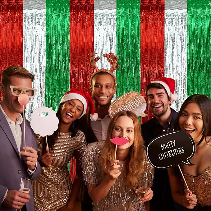 BEISHIDA 3Pcs Red Silver Green Door Streamer Christmas Day Backdrop Foil Fringe Tinsel Merry Christmas Curtains Backdrops for Christmas Day Party Decoration (3.28 ft x 6.56 ft)