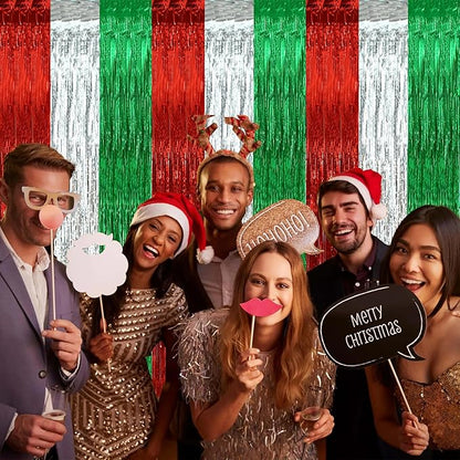 BEISHIDA 3Pcs Red Silver Green Door Streamer Christmas Day Backdrop Foil Fringe Tinsel Merry Christmas Curtains Backdrops for Christmas Day Party Decoration (3.28 ft x 6.56 ft)