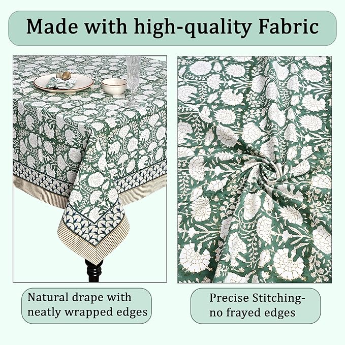 Ridhi -Turquoise Moss Green Cotton Tablecloth, Handblock Print Floral Table Cloth for Kitchen Dining Linen I Thanksgiving, Christmas, Wedding, Fall Décor 4 Seater 60x60 Inches Square