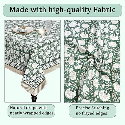 Ridhi -Turquoise Moss Green Cotton Tablecloth, Handblock Print Floral Table Cloth for Kitchen Dining Linen I Thanksgiving, Christmas, Wedding, Fall Décor 4 Seater 60x60 Inches Square