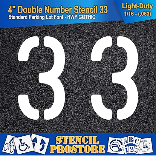 Pavement, Curb, and WheelStop Stencils - 4 inch Double Number Stencil - (33) - 4" x 5.5" x 1/16" (63 mil) - Light-Duty