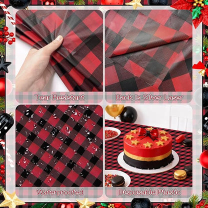 1 Pack Red Striped Gingham Tablecloths, 54 x 108 Inch Disposable Plastic Rectangle Table Covers, Waterproof Red and Black Checkered Table Cloths for Picnic, Birthday, Party, Outdoor Events