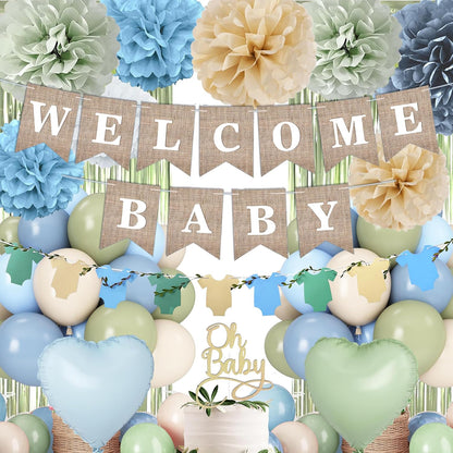 Blue Sage Green Baby Shower Decorations-Welcome Baby Boy Banner, Fringe Curtains, Paper Pompoms, Olive Green Dusty-blue Beige Cream Latex Balloon Décor For Boho Easter Jungle Baby Shower Blue Party