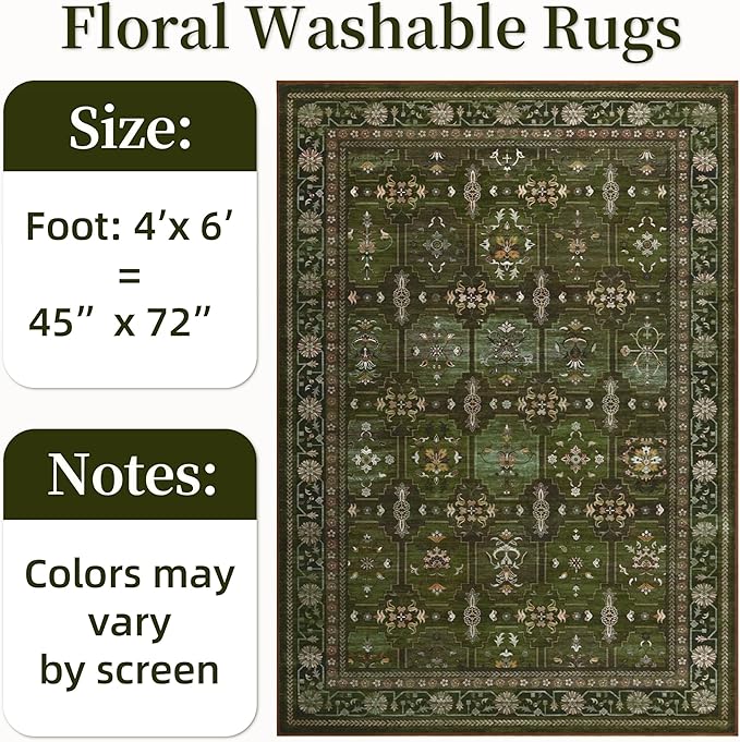 4x6 Area Rug for Bedroom Machine Washable, Non Slip Vintage Floral Kitchen Rugs for Dining Room, Low Pile Indoor Floor Print Carpet for Nursery Farmhouse Home Office Dark Green