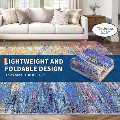 ROYHOME Modern Abstract Area Rug 4x6 Washable Rug for Living Room, Ultra Soft Rug for Bedroom, Non Slip Indoor Floor Carpet, Stain Resistant Rugs for Home Decor Office, Blue/Orange