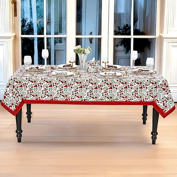 Ridhi Hand Block Print Garnet Red Rectangle Cotton Tablecloth 108" x 70" Reusable Table Cover Decorative Everyday Use for Dining, Farmhouse, Home Gift for Spring, Easter, Valentine