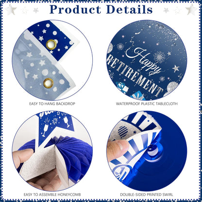 Retirement Party Decorations for Men Women 109Pcs Blue Silver Happy Retirement Decorations Include Banner Backdrop Balloons Sash Hanging Swirls Pompoms Tablecloth Honeycomb Centerpiece(Blue Silver)