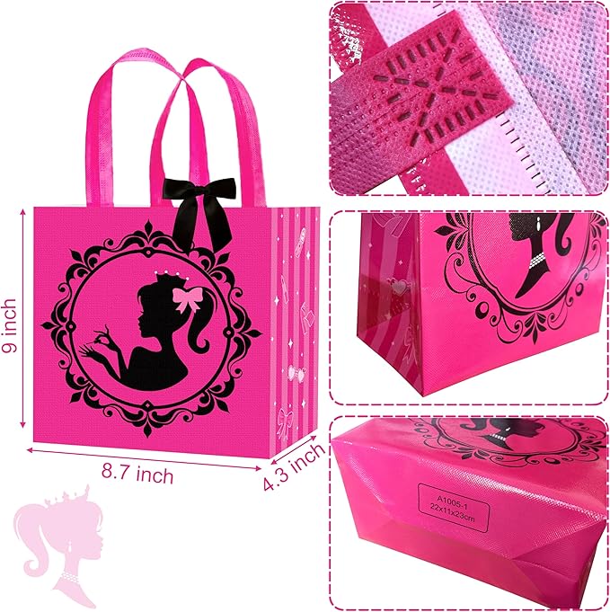 C L cooper life 12pcs Hot Pink Girl Party Gift Treat Bags with Handles Pink Girl Grocery Shopping Bag Princess Theme Non-Woven Bags for Girls Birthday Party Ladies Bachelorette Party Supplies