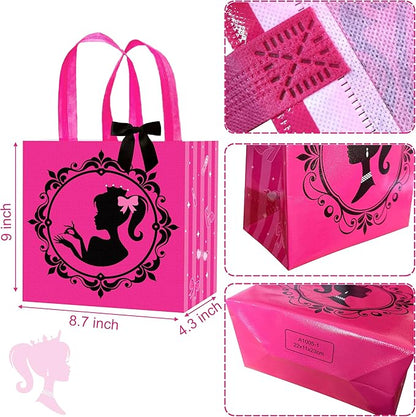 C L cooper life 12pcs Hot Pink Girl Party Gift Treat Bags with Handles Pink Girl Grocery Shopping Bag Princess Theme Non-Woven Bags for Girls Birthday Party Ladies Bachelorette Party Supplies