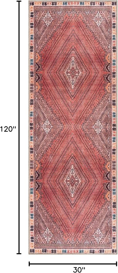 Bloom Rugs Washable Non-Slip 10 ft Runner - Red/Multicolor Traditional Bordered Runner for Entryway, Hallway, Bathroom, and Kitchen - Exact Size: 2.5' x 10'