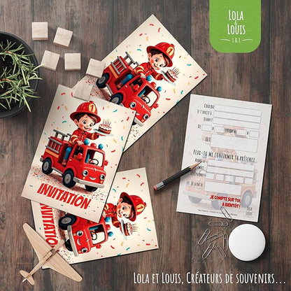 Lola and Louis® • 10 Children's Invitation Cards with Envelopes • Fire Truck Theme for Birthday and Parties • Easy to Fill • Girl and Boy Invitations • Thick Premium Quality Paper