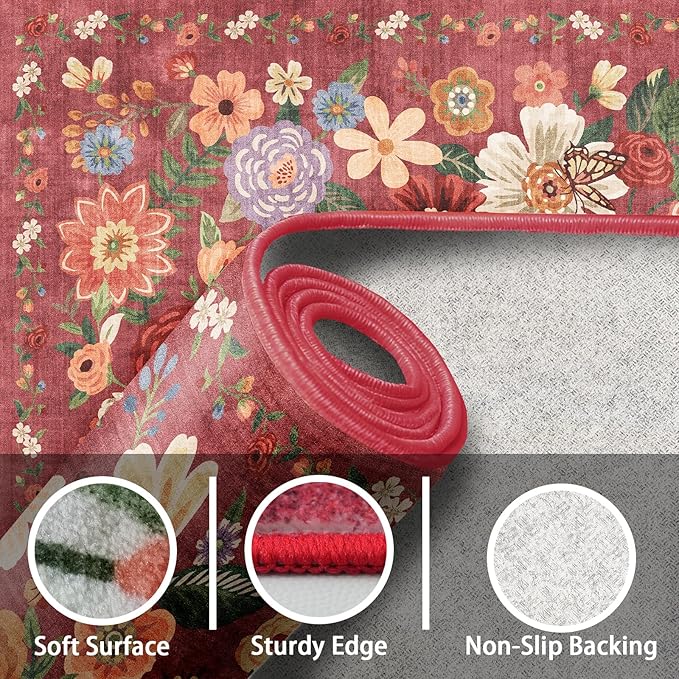 2x4 Entryway Runner Rugs, Non Slip Washable Rugs with Rubber Backing Soft Floral Carpet Runner for Kitchen, Laundry, Bedroom, Bathroom, Red Garden, 2 x 4