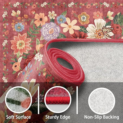 2x4 Entryway Runner Rugs, Non Slip Washable Rugs with Rubber Backing Soft Floral Carpet Runner for Kitchen, Laundry, Bedroom, Bathroom, Red Garden, 2 x 4