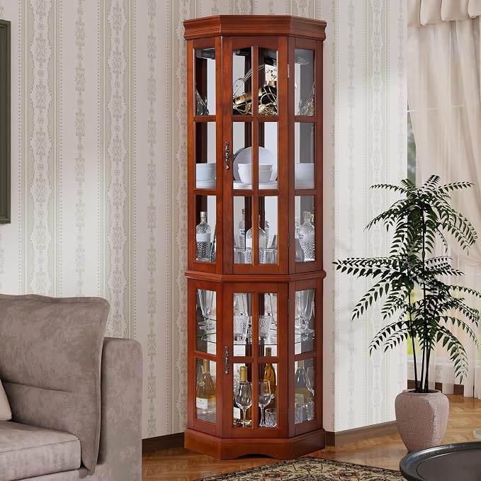 Corner Curio Cabinet with Lighting System, Adjustable Tempered Glass Shelves